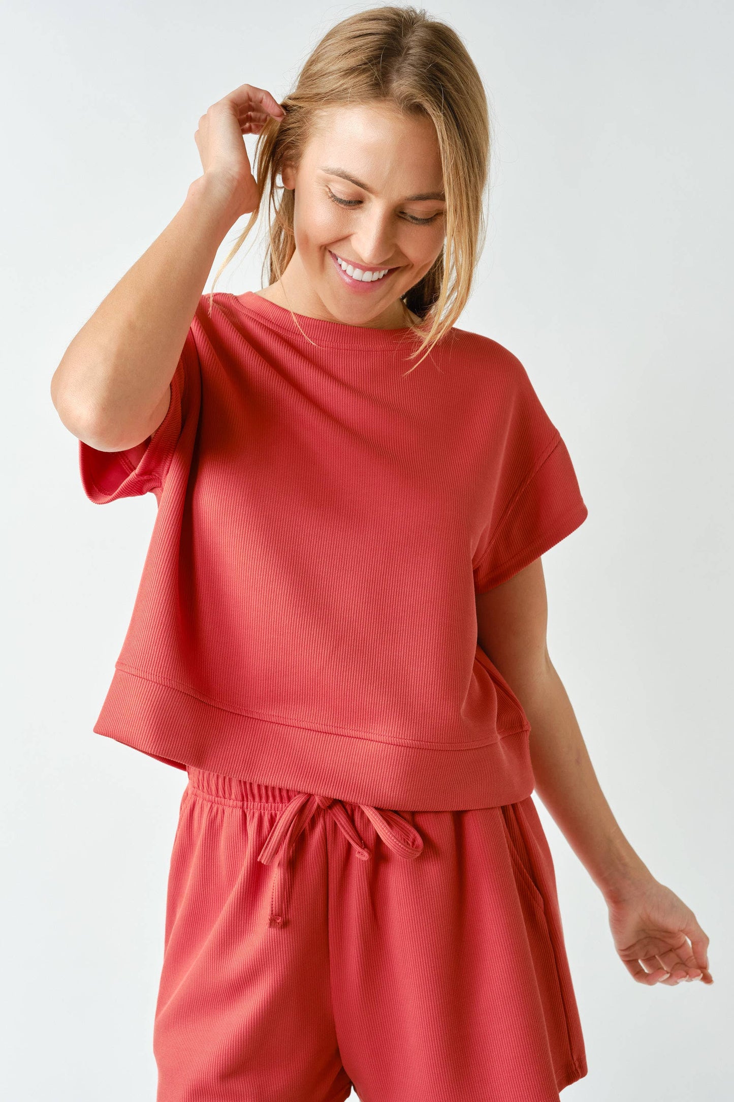 Luxe Sand Wash Rib Classic Tee Set in Brick