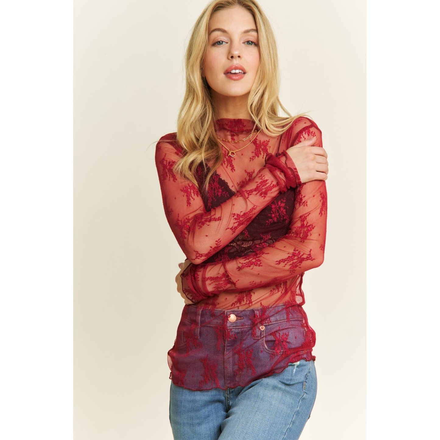 Burgundy Sheer Lace High Neck Top