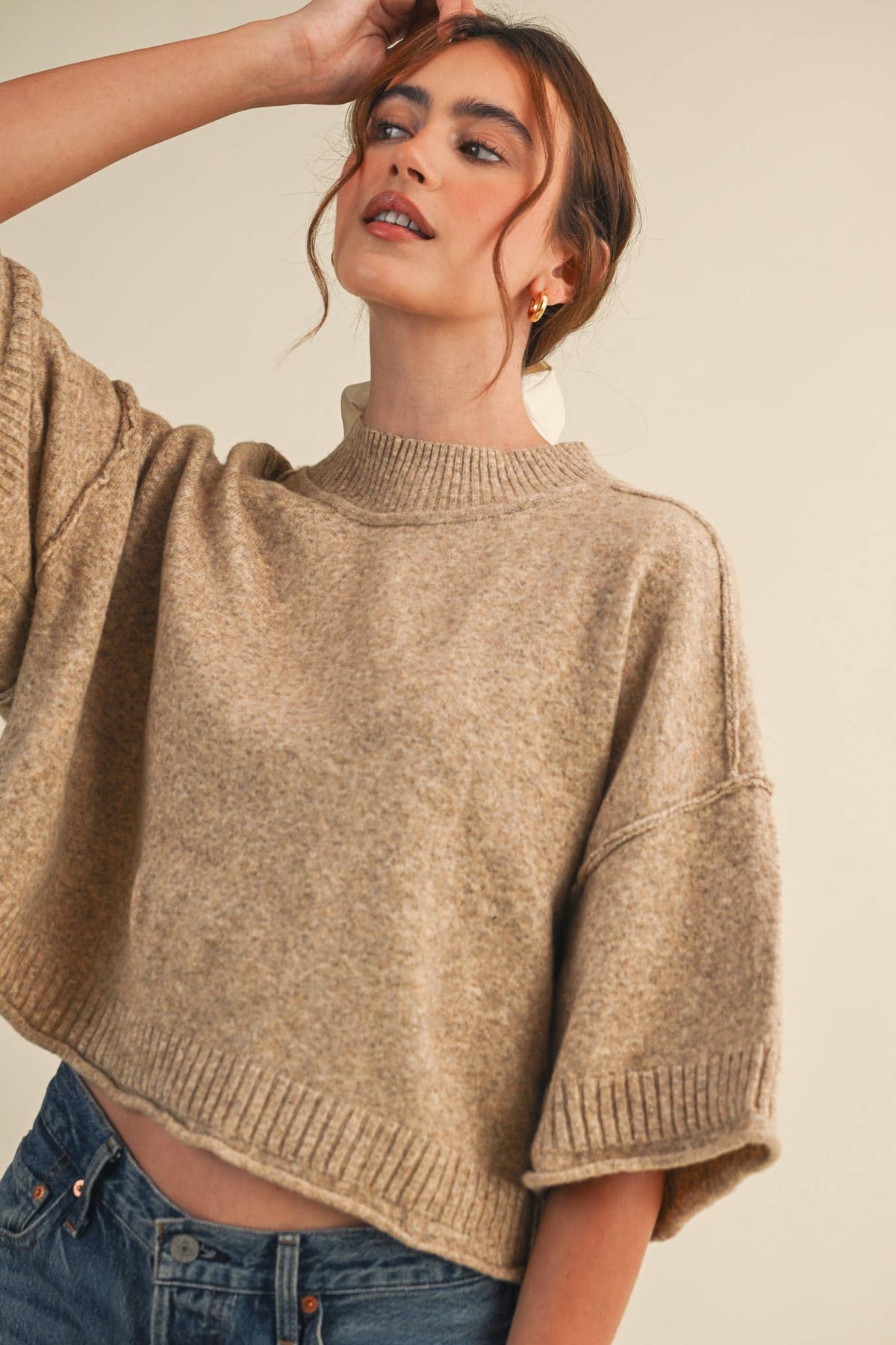 Macy Mock Neck Short Sleeve Sweater in Beige