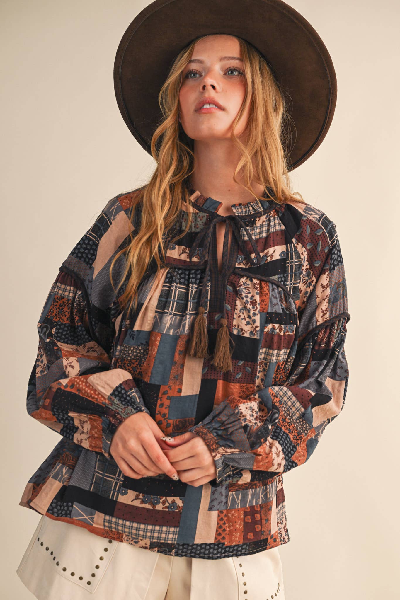 Patchwork Print Babydoll Top