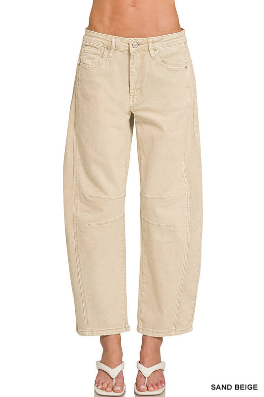 High Rise Barrel Leg Color Denim Pants in Beige