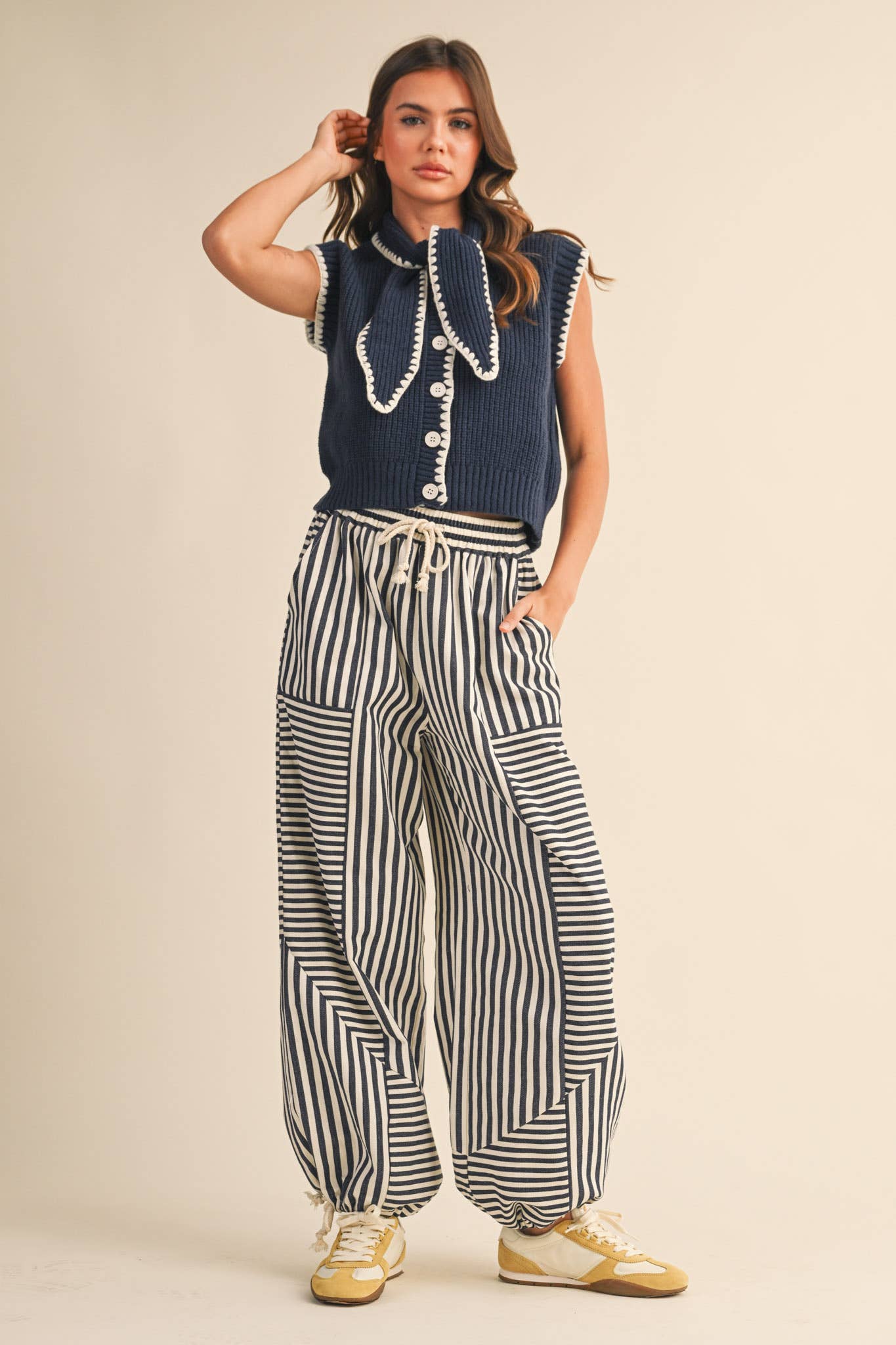 Tie Neck Sweater Vest in Navy and White