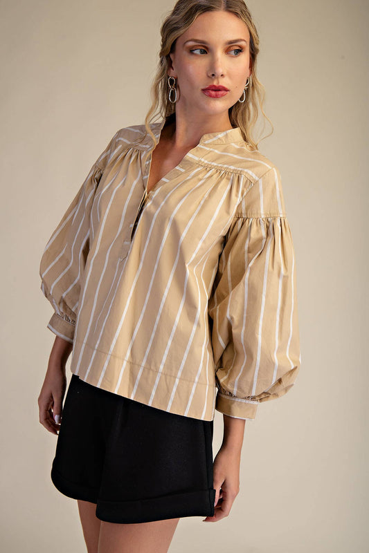 Puff Sleeve Striped Top in Tan