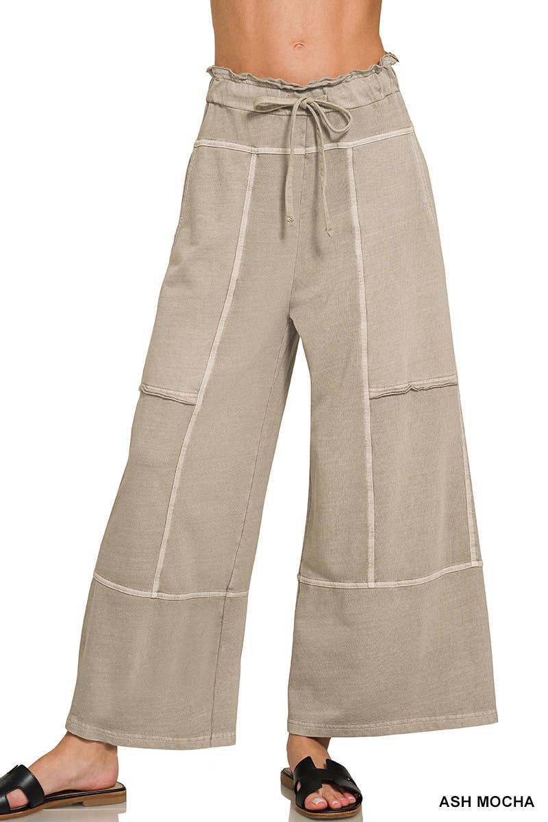 French Terry Washed Wide Leg Pants in Olive