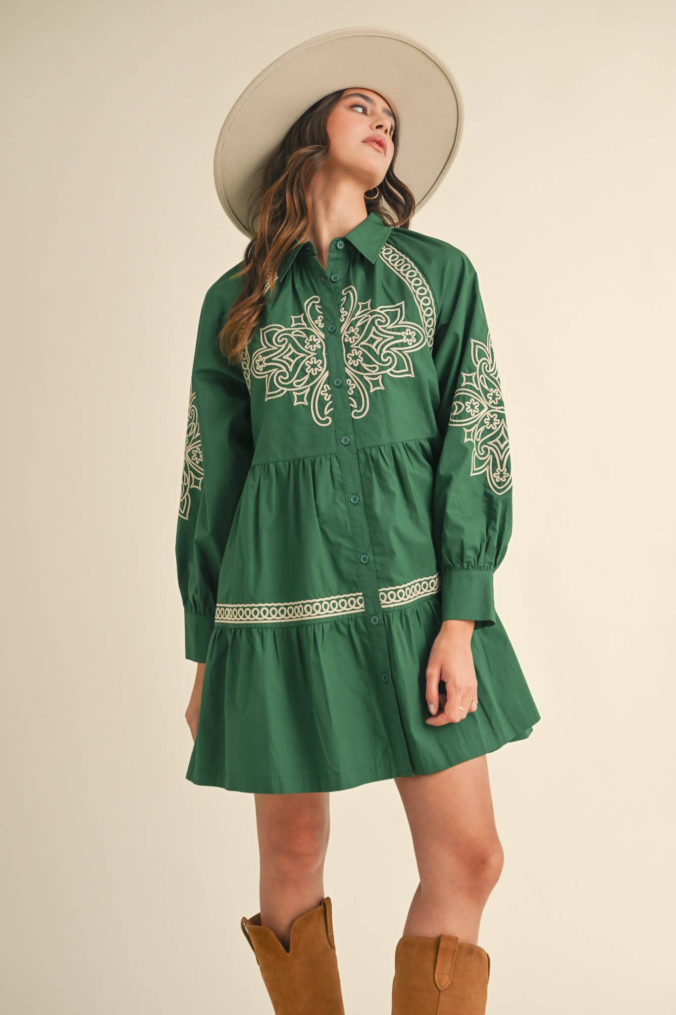 Embroidered Hunter Green Mini Dress