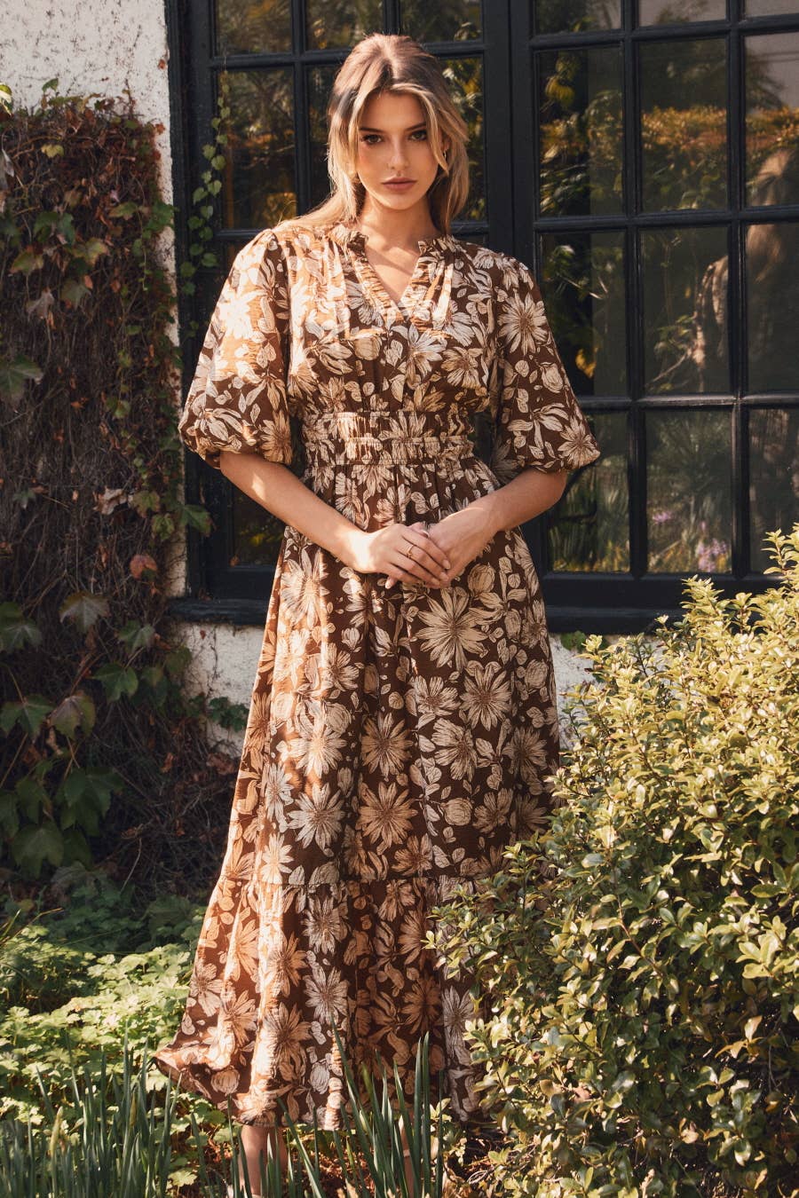 Floral Printed Midi Dress in Mocha