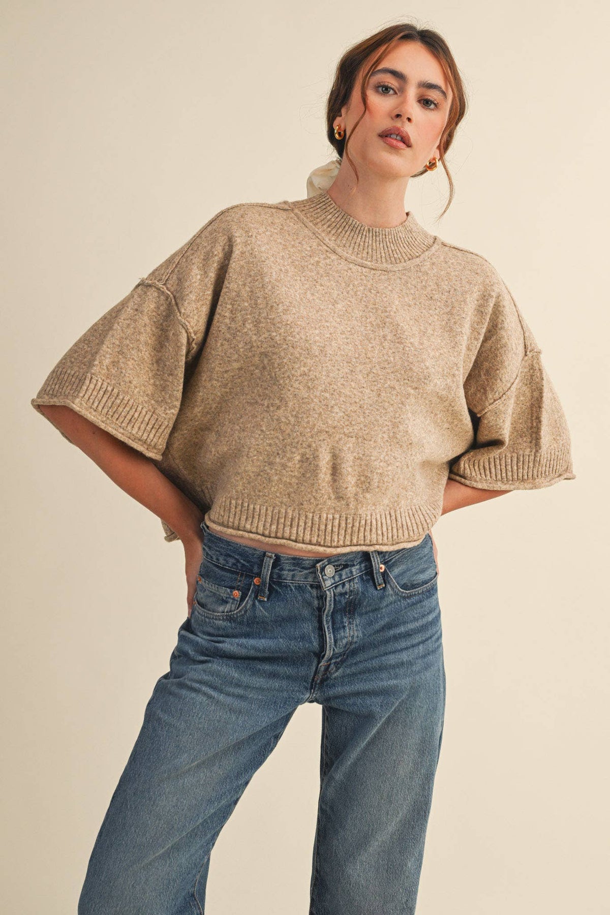 Macy Mock Neck Short Sleeve Sweater in Beige