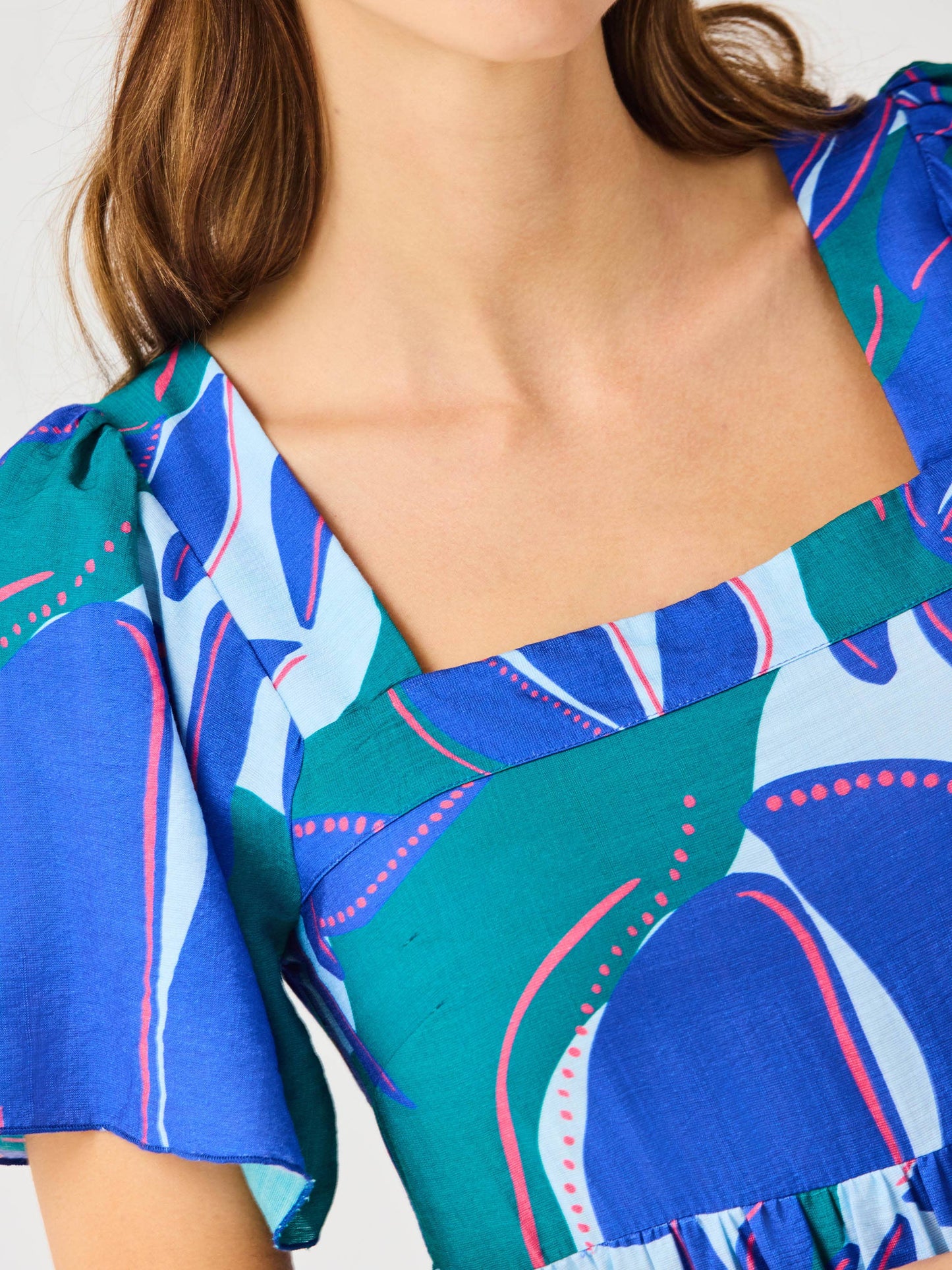 Blue and Green Print Square Neck Maxi Dress