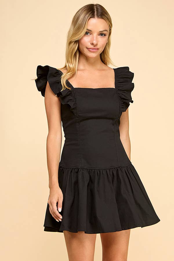 Drop waisted mini dress with ruffle shoulder
