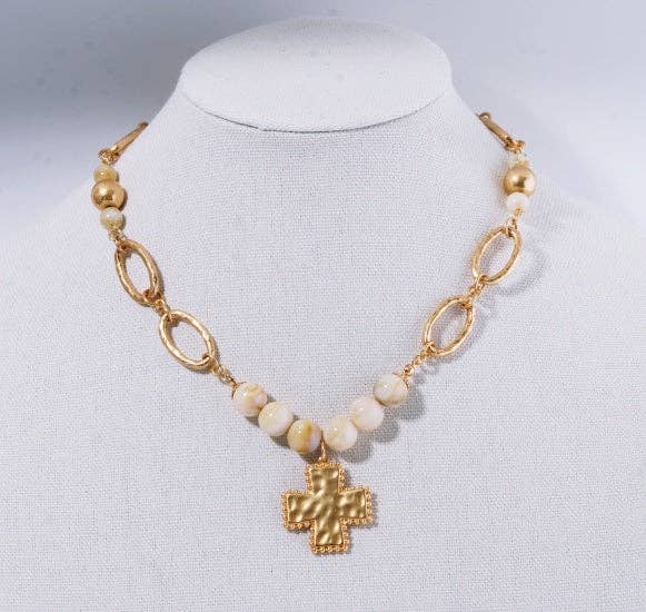 Natural Beaded and Open Gold Chain Necklace with Cross Pendant