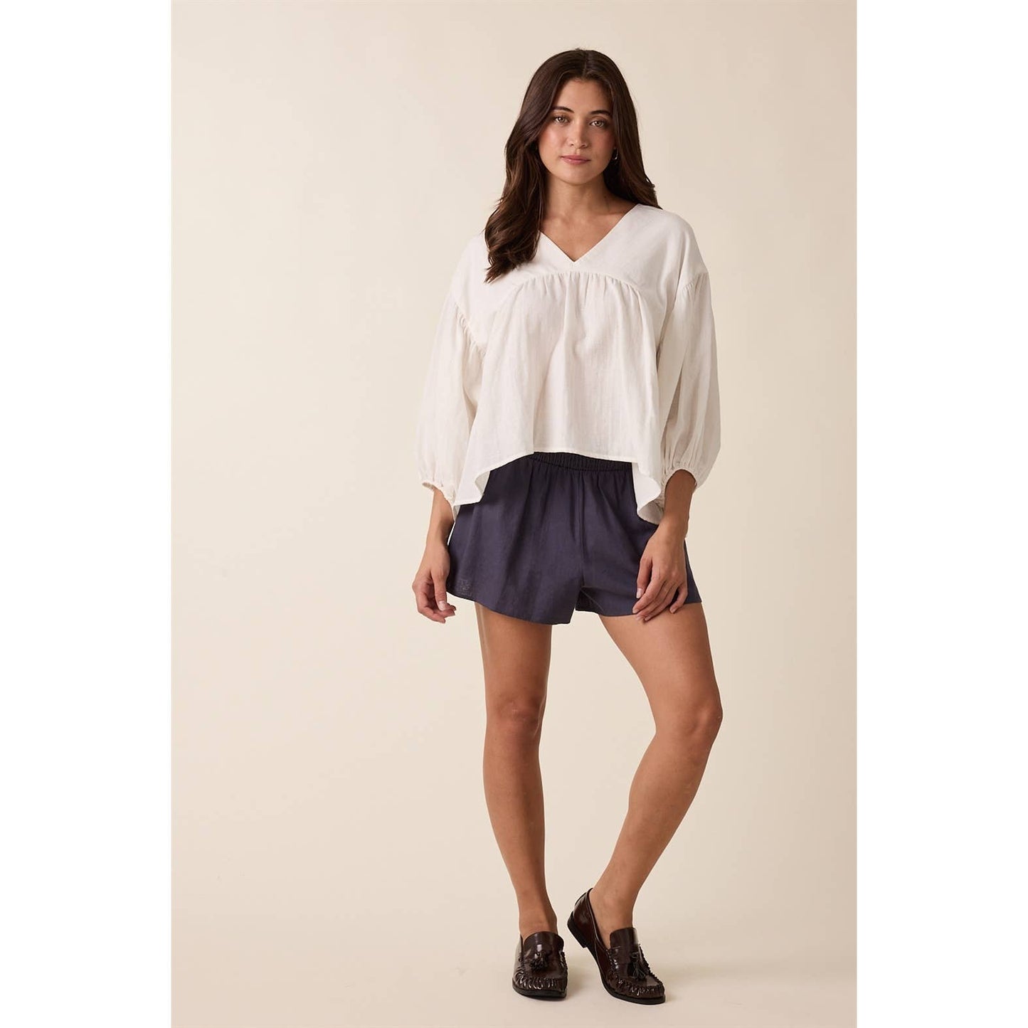 V-Neck Balloon Sleeve Top in White