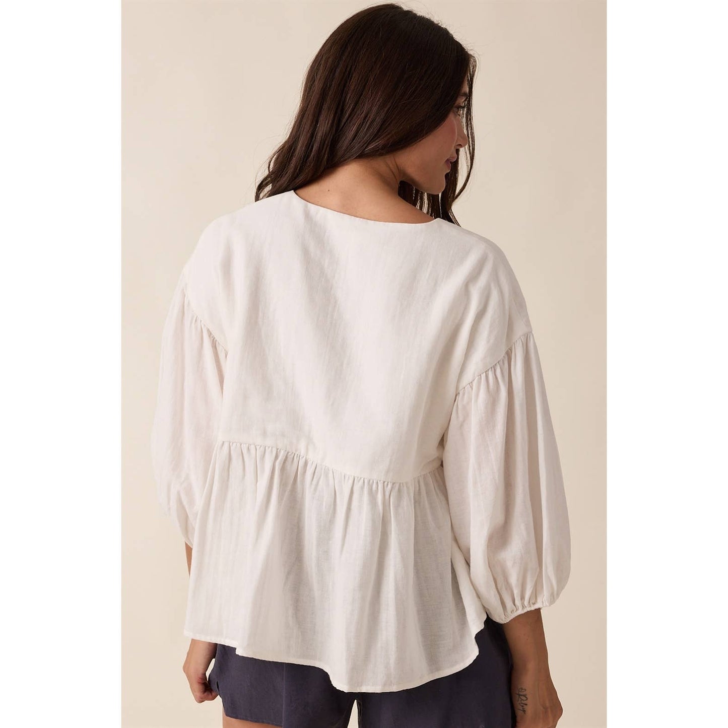 V-Neck Balloon Sleeve Top in White