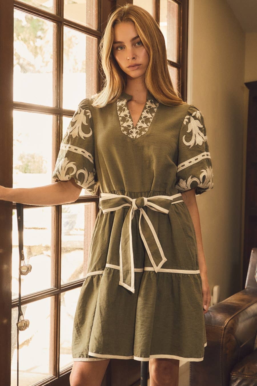The Ansley Embroidered Dress in Olive