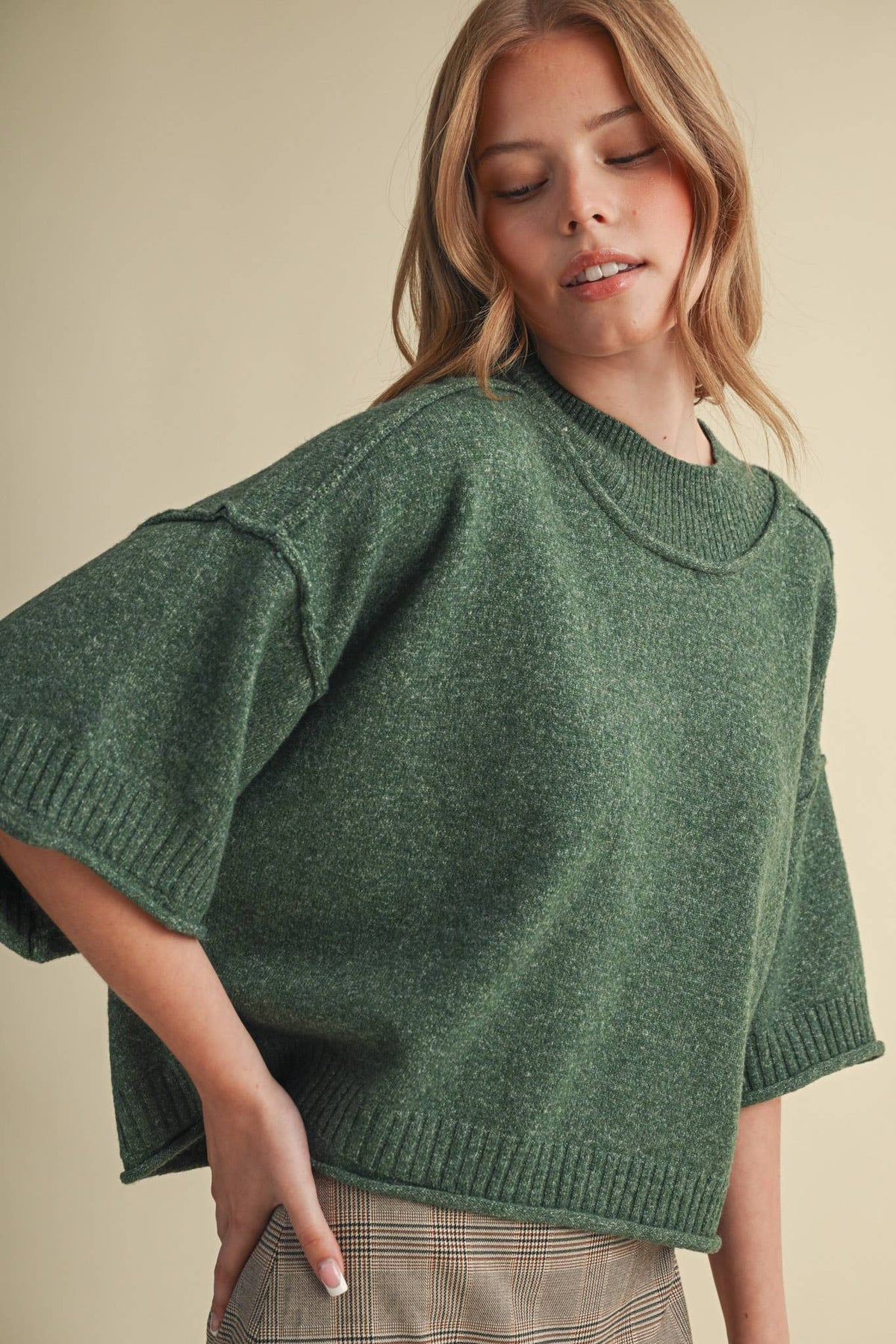 Macy Mock Neck Short Sleeve Sweater in Hunter Green