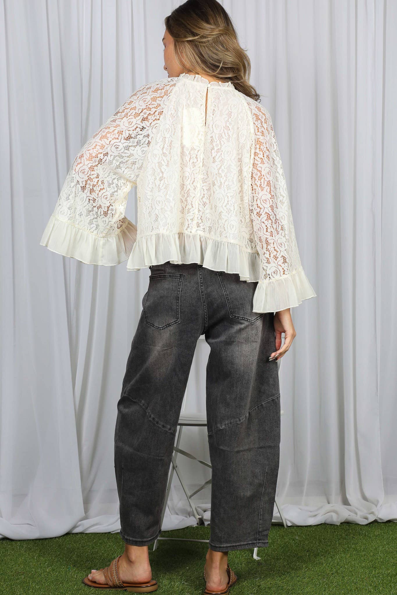 Ruffle Neck Bell Sleeve Lace Blouse