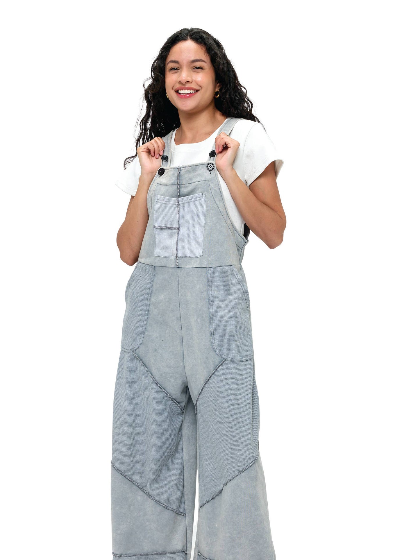Patchwork Waffle Knit Overalls Gray