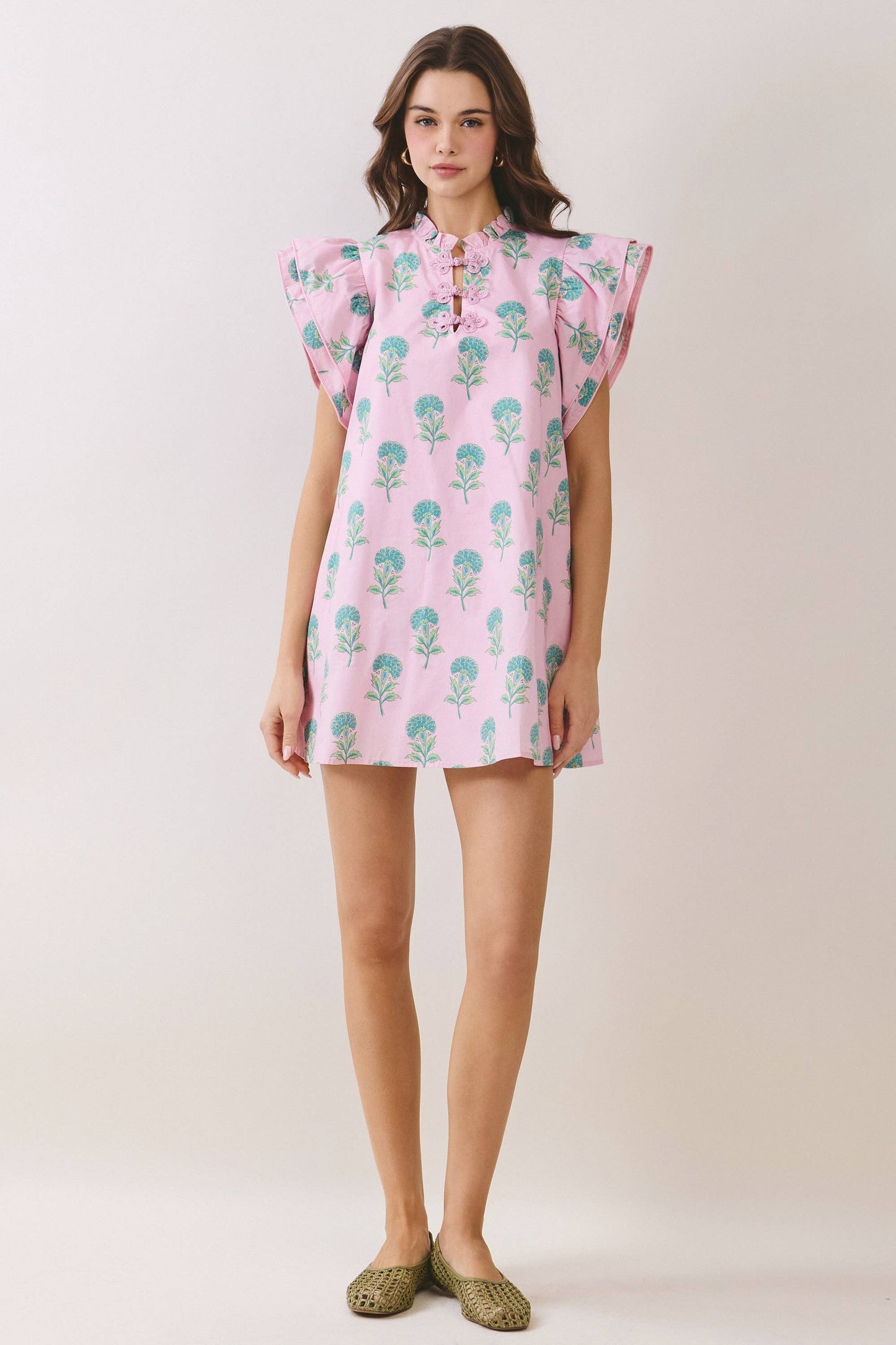 Floral  Ruffle Neck Frog Button  Mini Dress in Pink