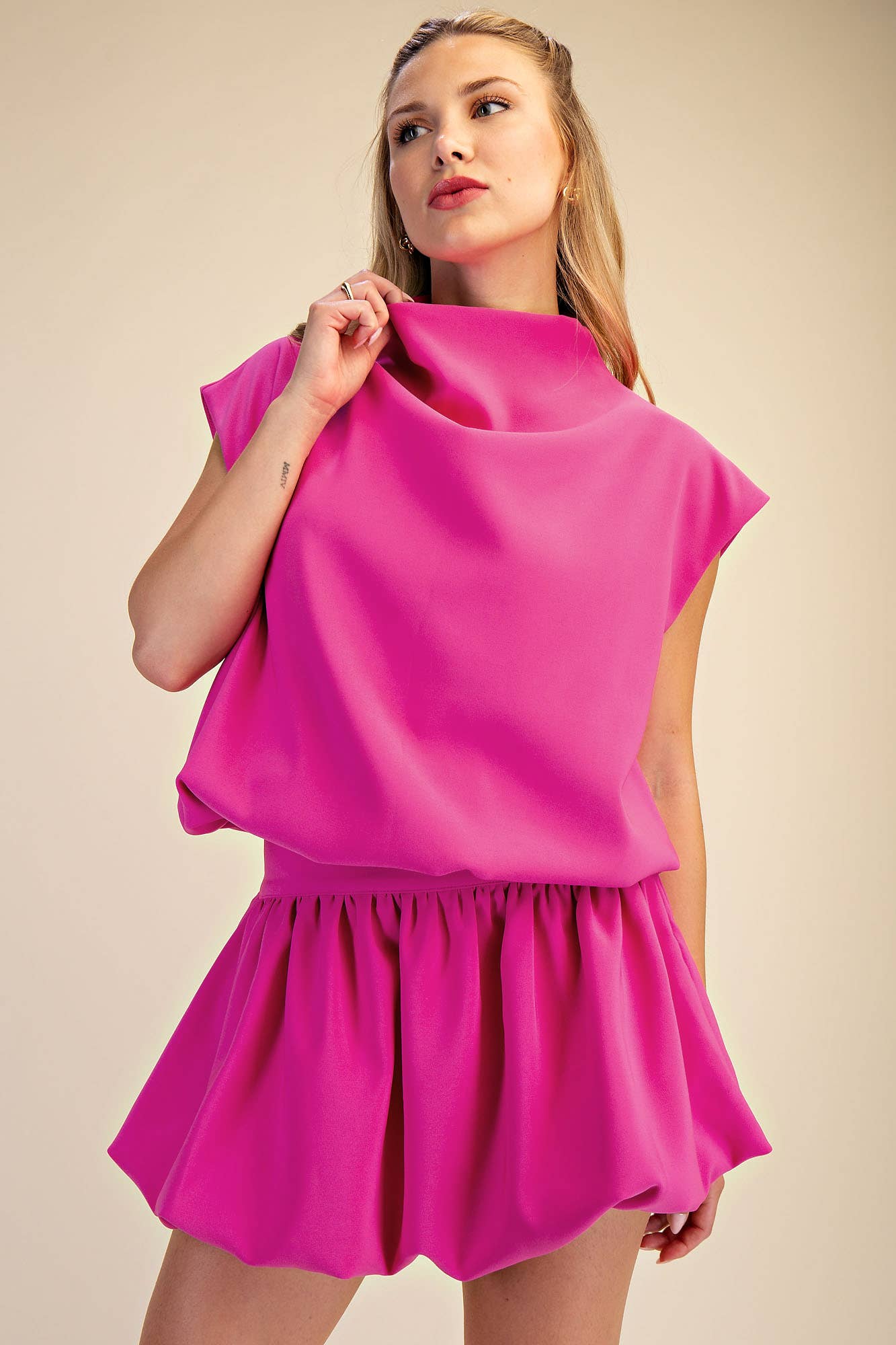Mock Neck Bubble Top in Hot Pink