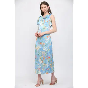 Sky Blue Floral Print Satin Cowl Neck Dress