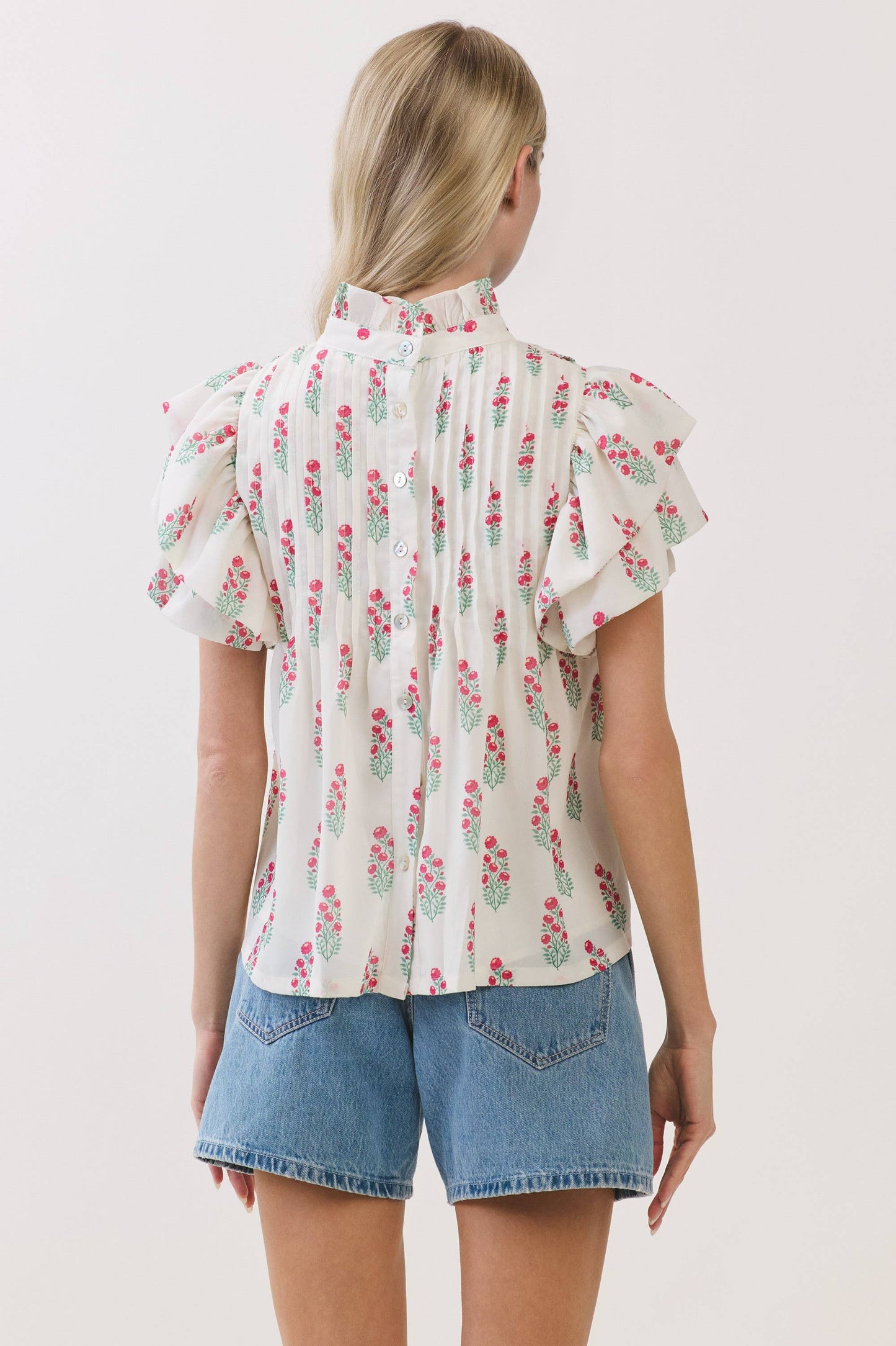 Floral Print Ruffle Sleeve High Neck Top