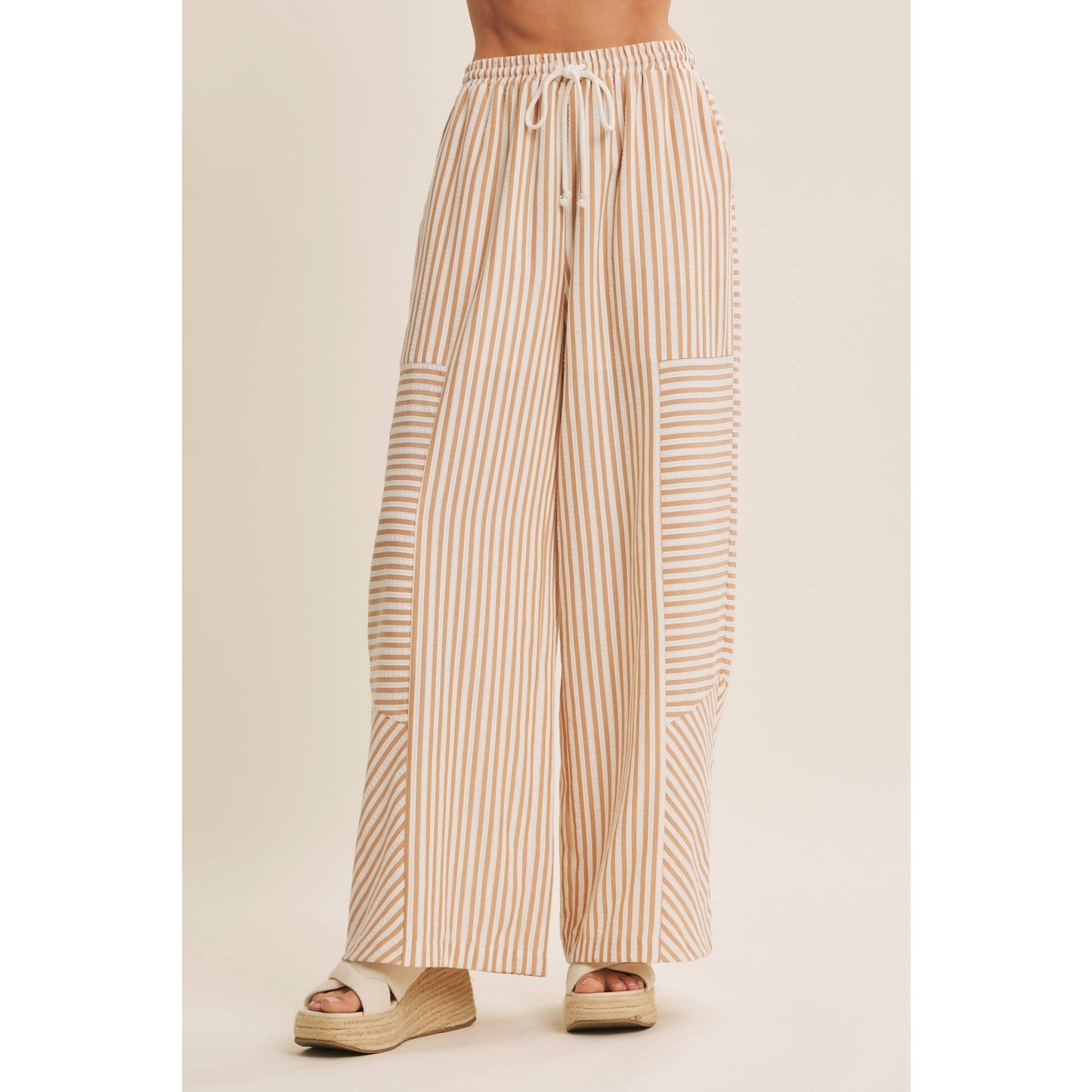 Striped Textured Wide Leg Pants in Tan