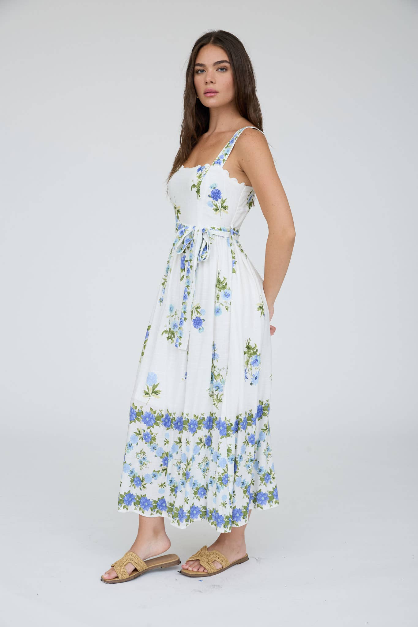 Floral Border Belted Midi Sundress in Blue Multi