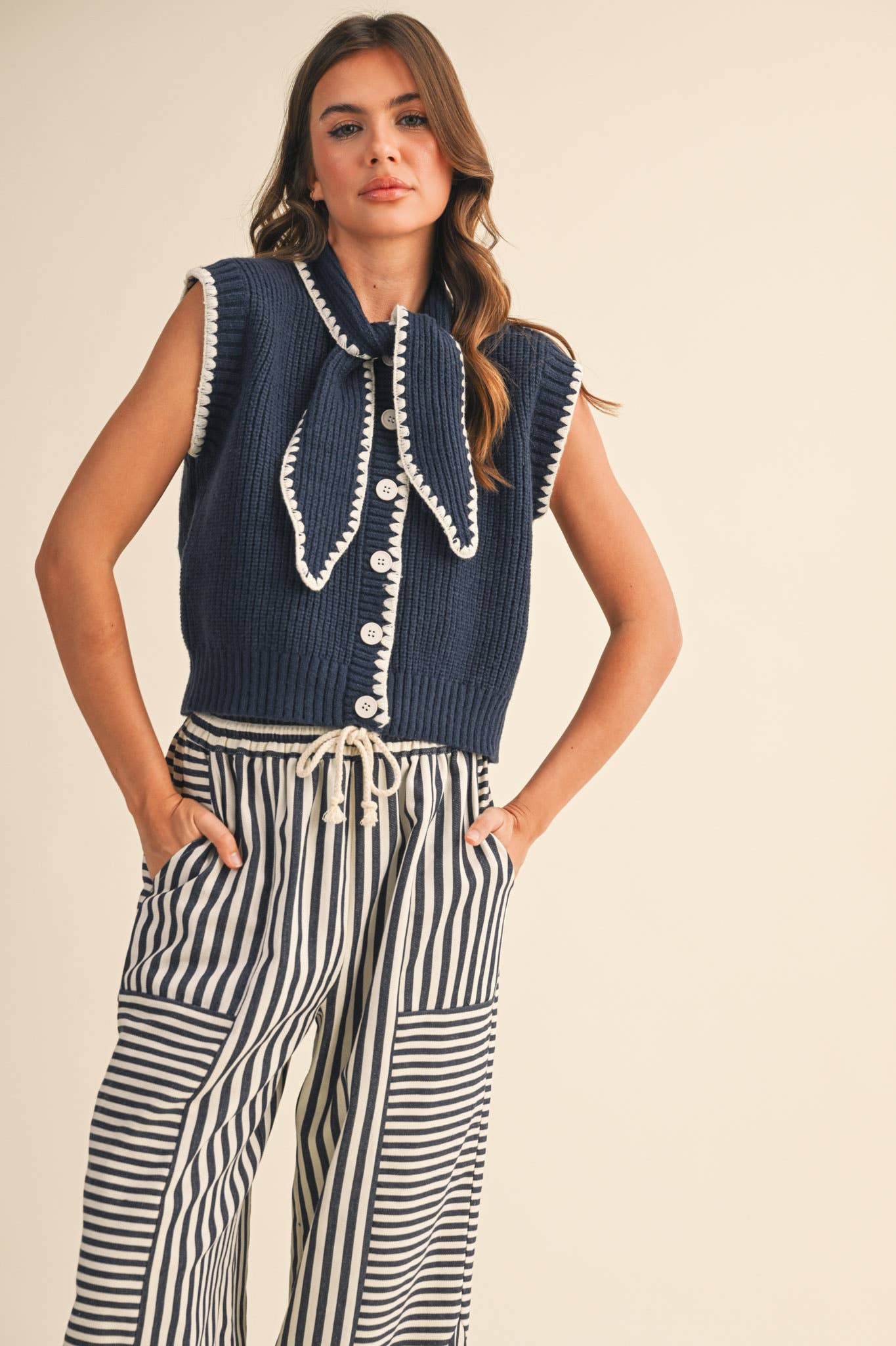 Tie Neck Sweater Vest in Navy and White