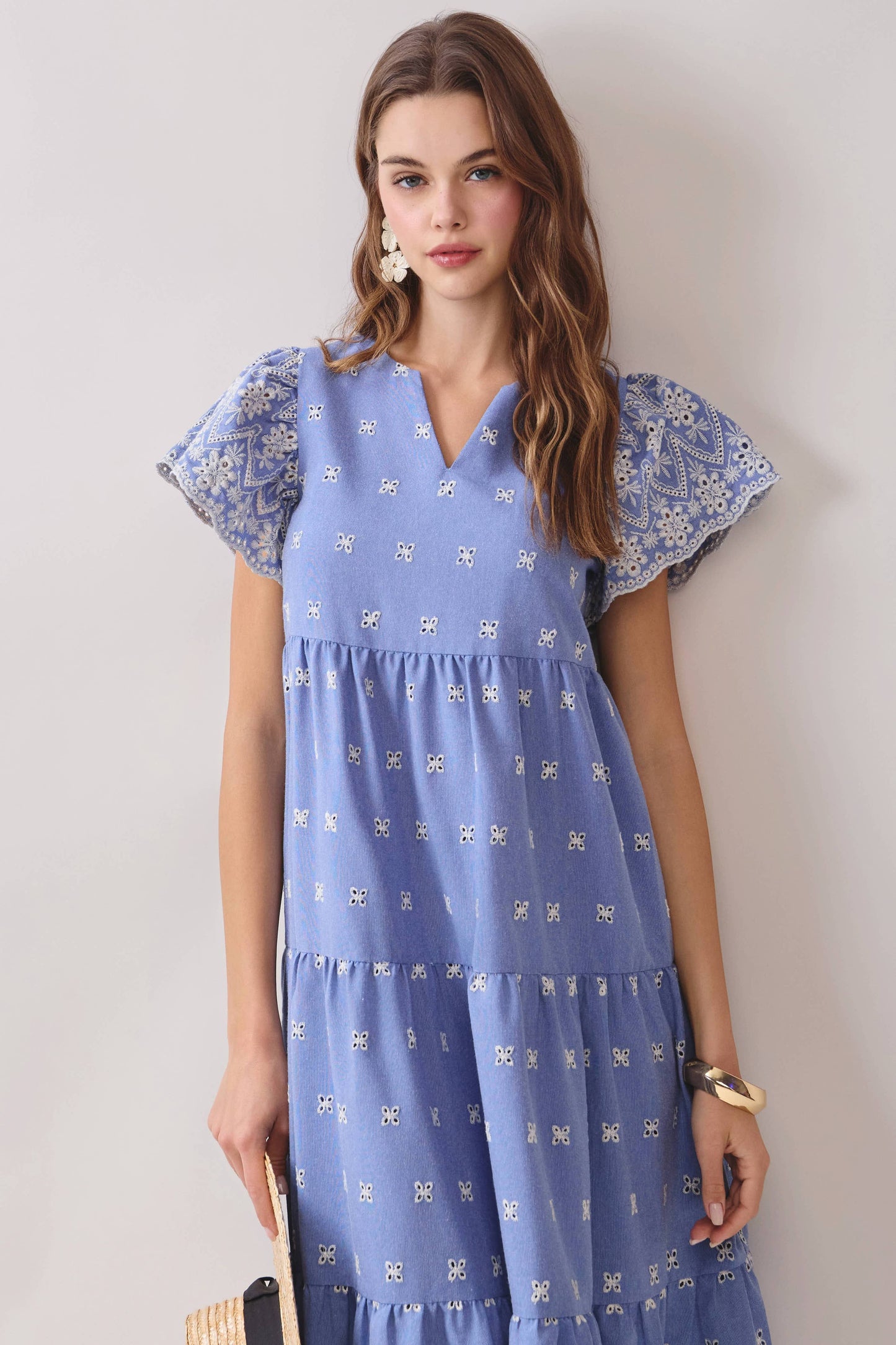 Embroidered Pattern Detail Midi Dress in Blue