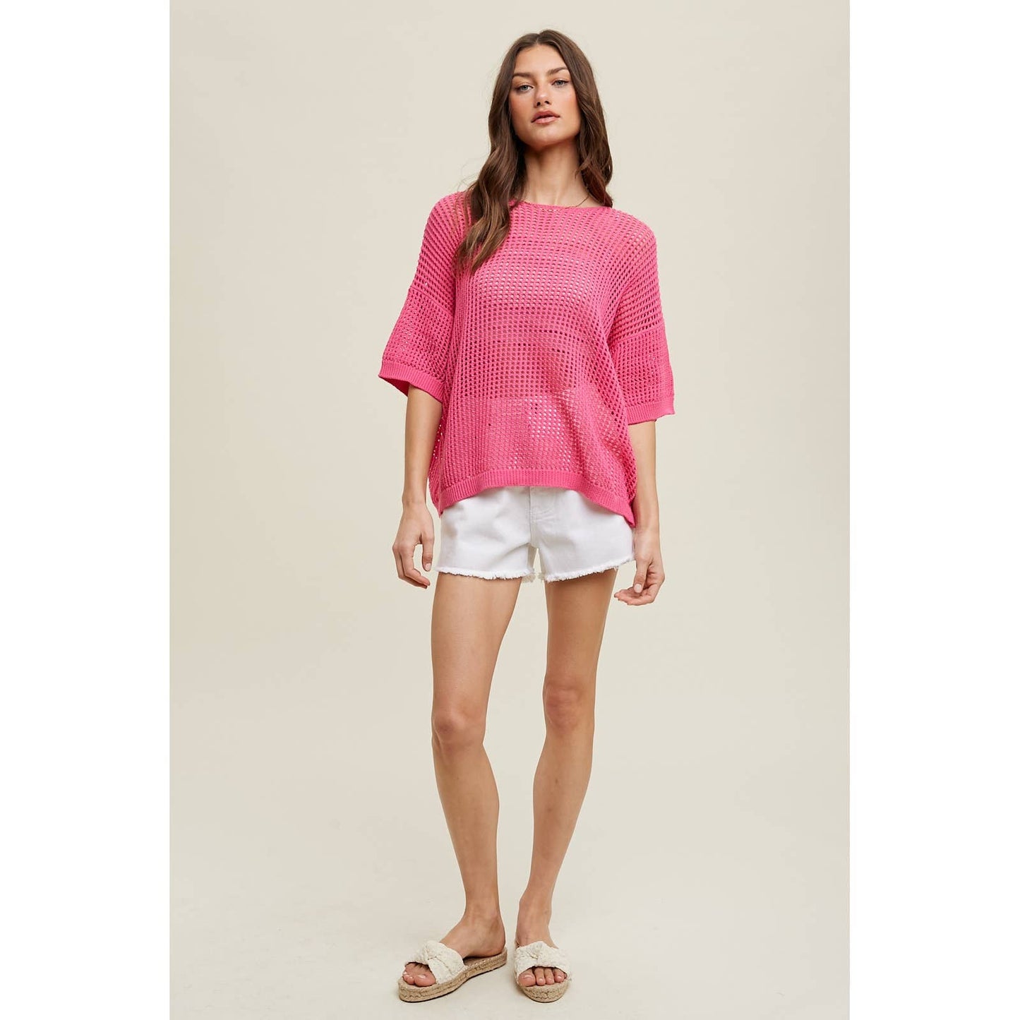 Open-Knit Drop Shoulder Sweater In Hot Pink