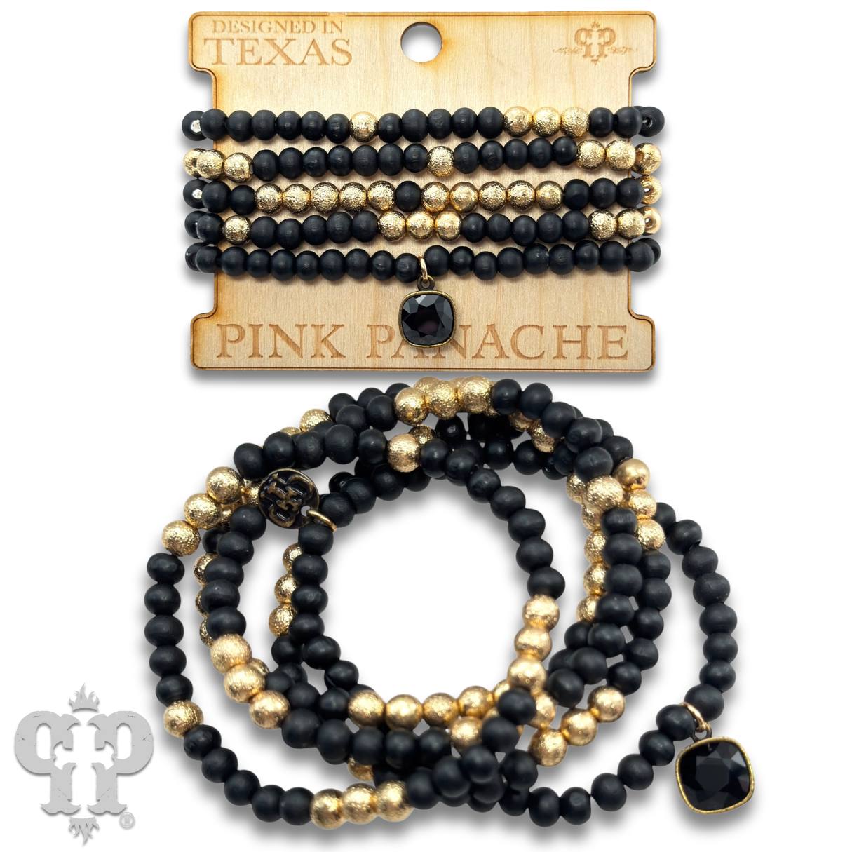 Round wood bead bracelet set, Austrian crystal: Black