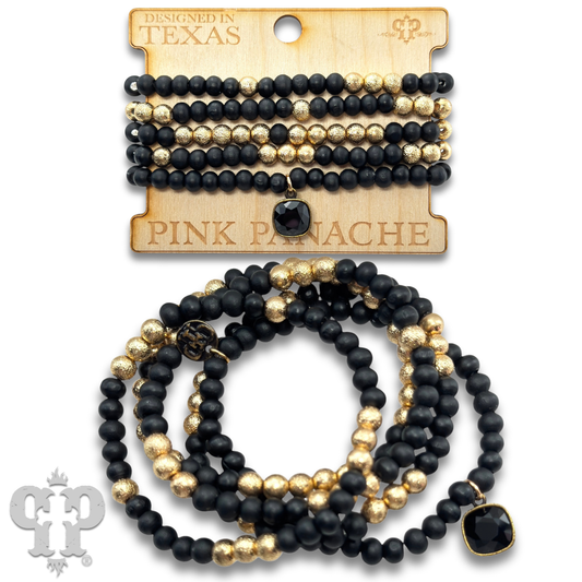 Round wood bead bracelet set, Austrian crystal: Black