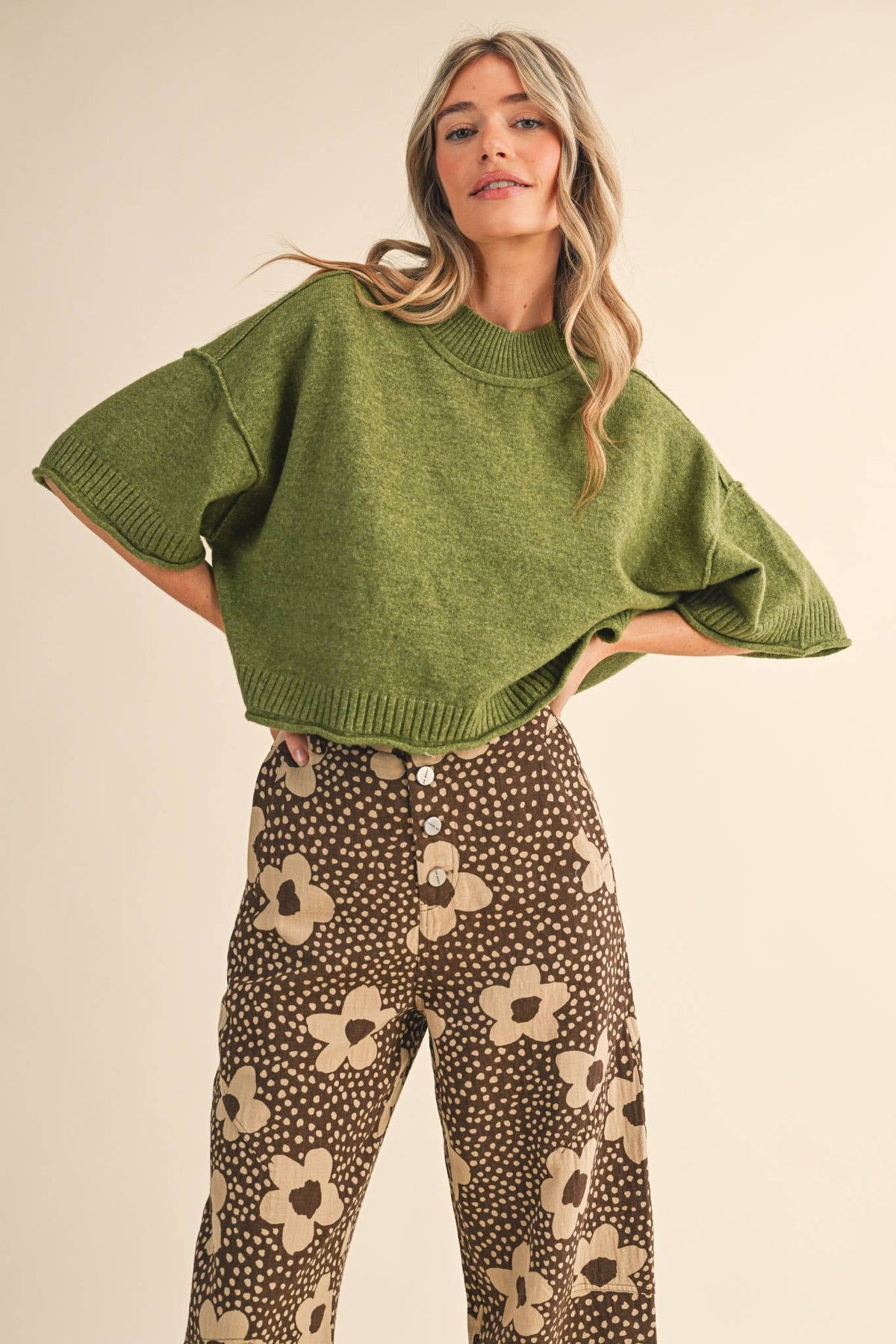 Macy Mock Neck Short Sleeve Sweater in Olive