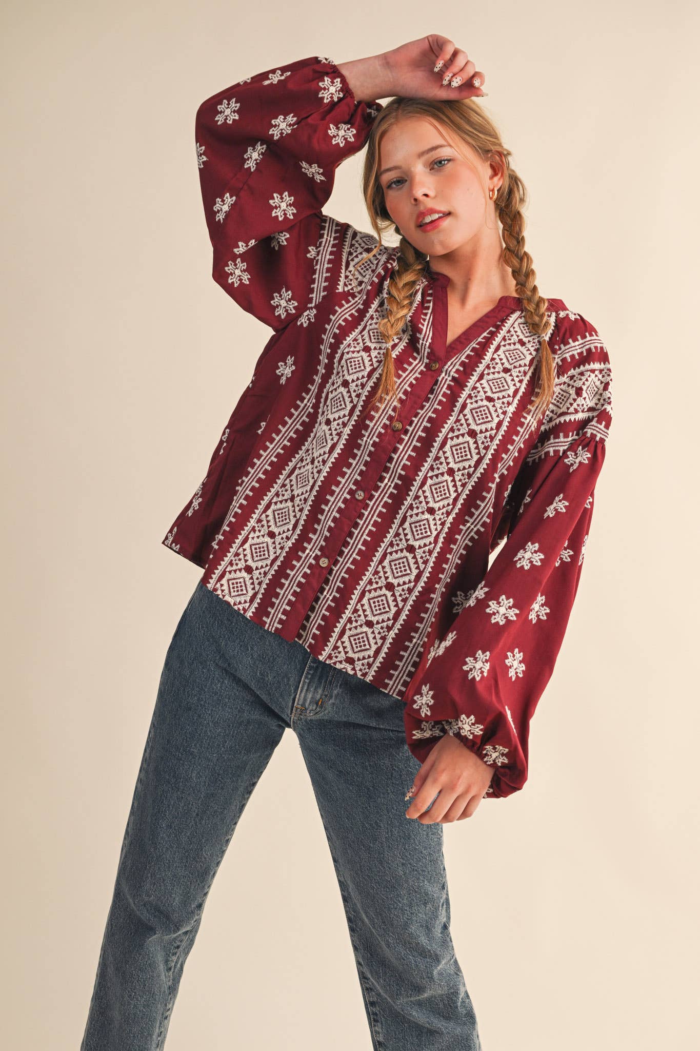 Embroidered Bubble Sleeve Top