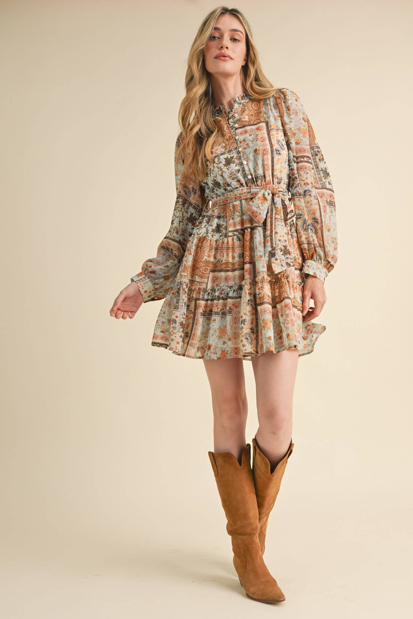 Dusty Blue Patch Print Dress