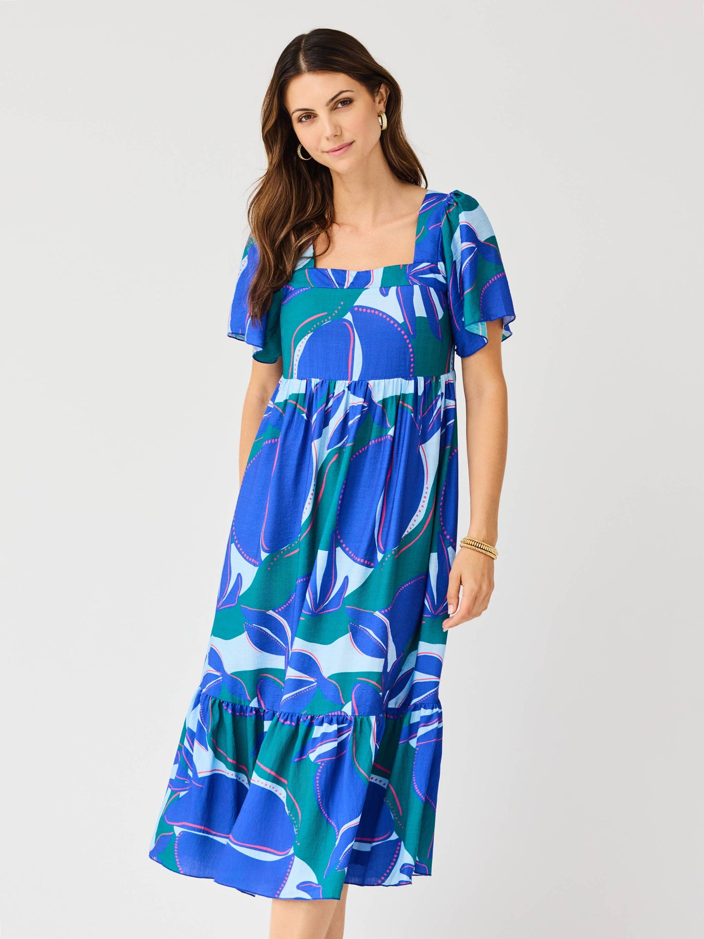 Blue and Green Print Square Neck Maxi Dress