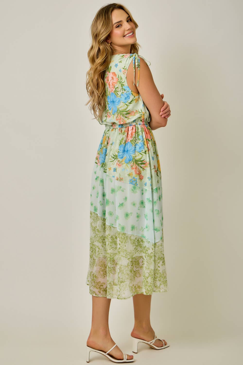 Shoulder Tie Mixed Print Dress in Green