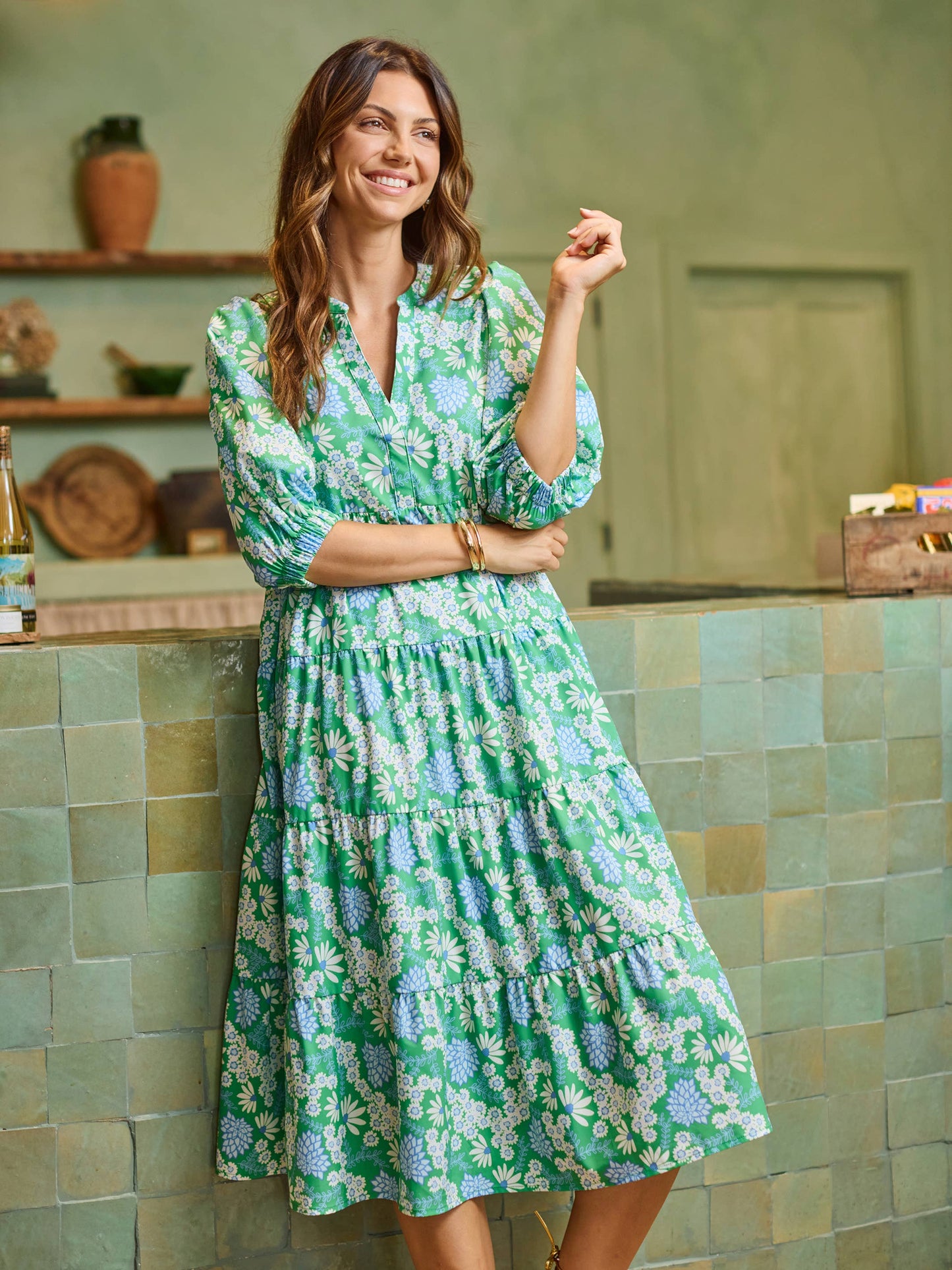 Daisy Green Floral Midi Dress