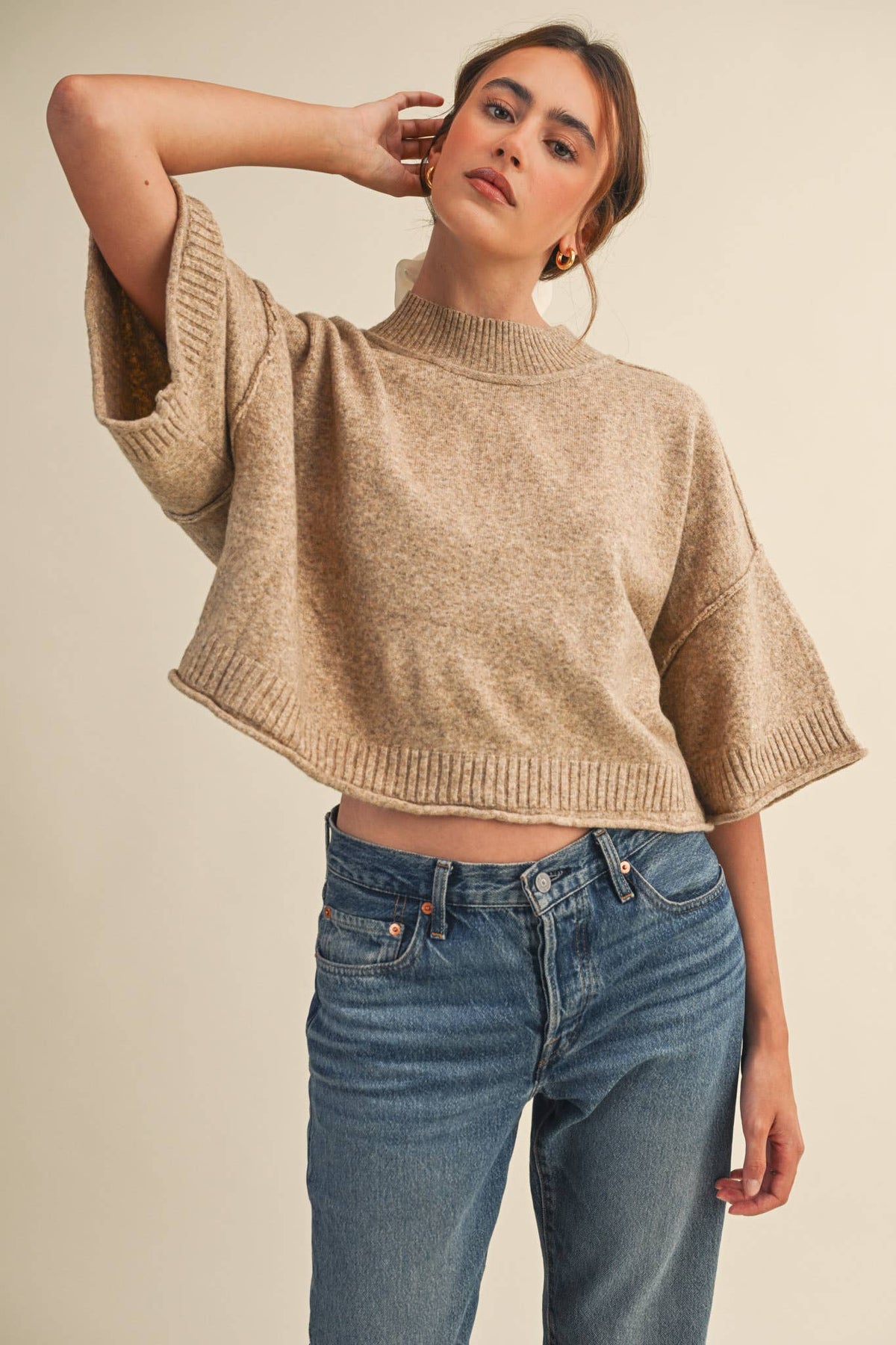 Macy Mock Neck Short Sleeve Sweater in Beige