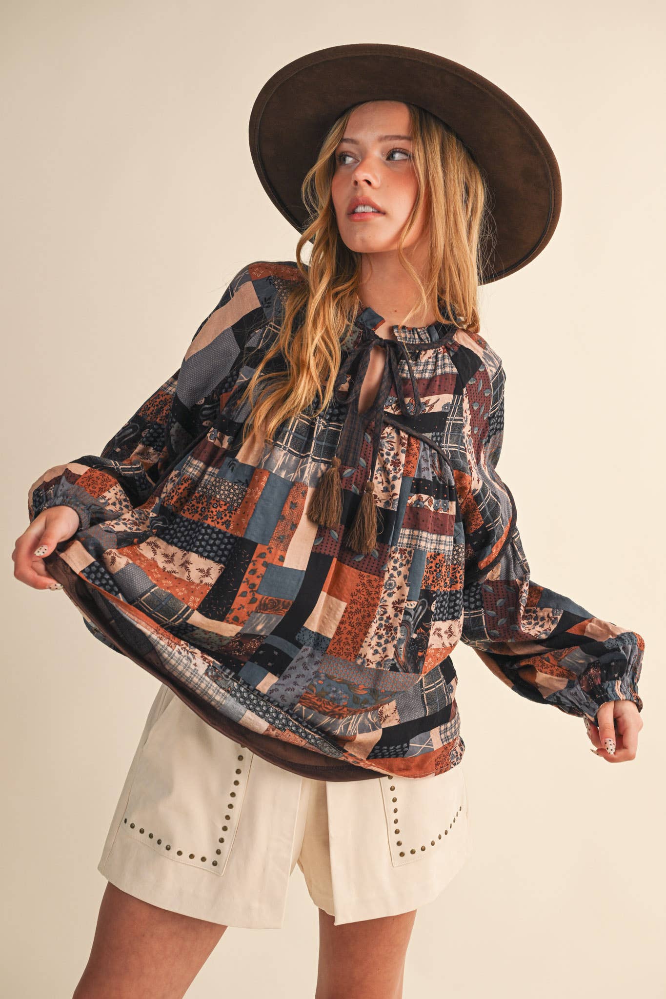 Patchwork Print Babydoll Top