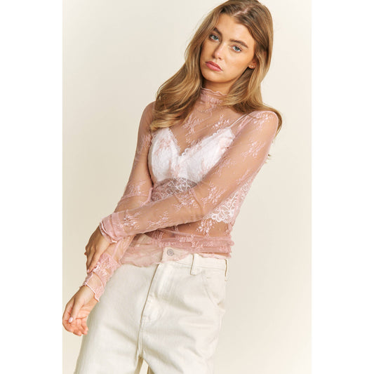Pink Sheer Lace High Neck Top