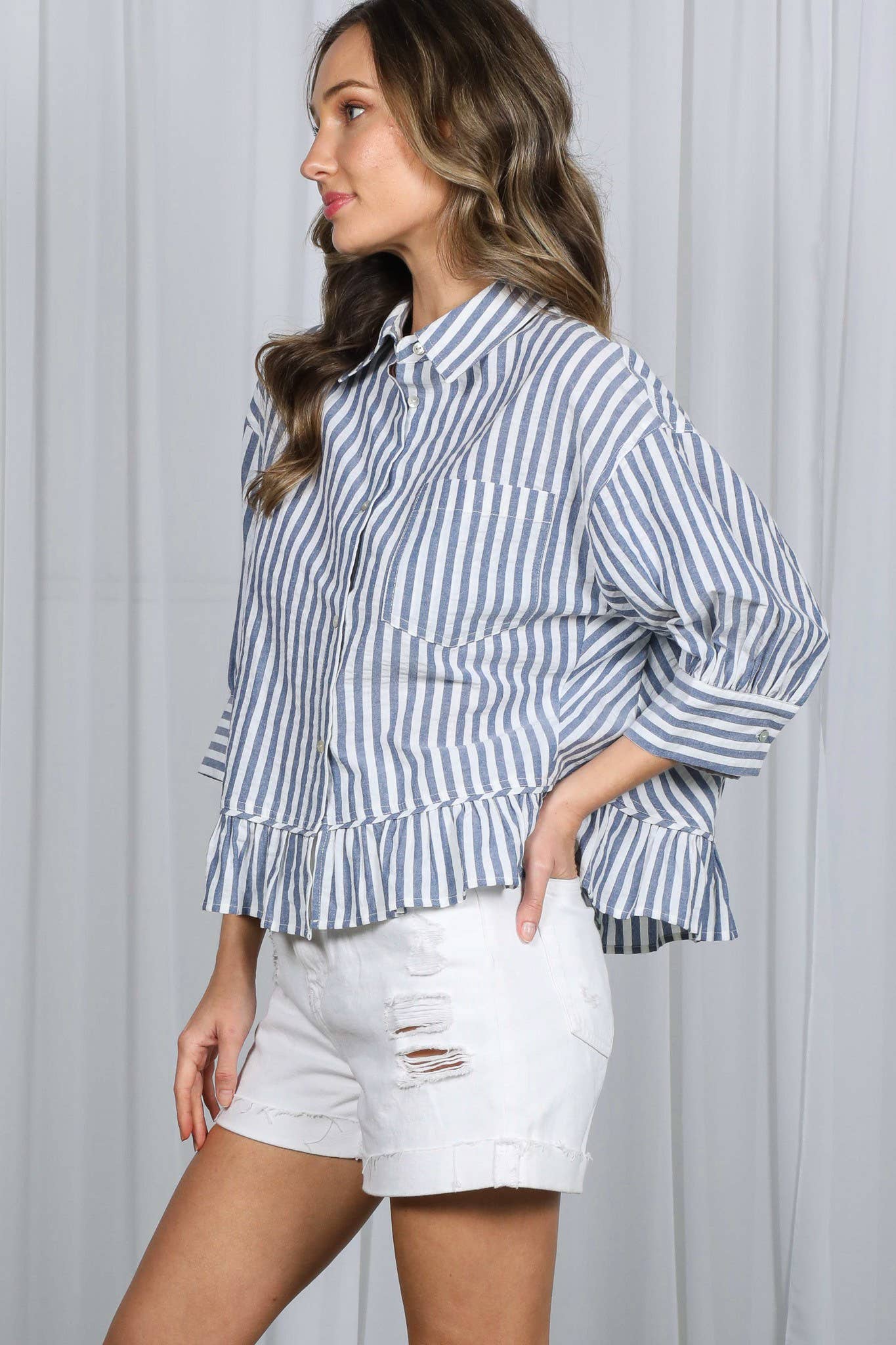 Ruffle Hem Striped Button Up Top in Navy