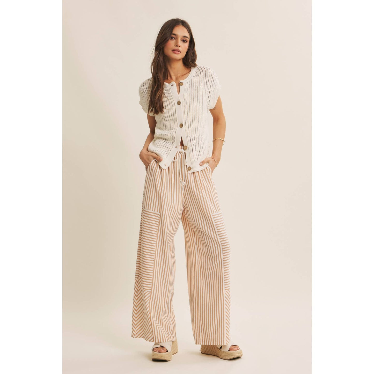 Striped Textured Wide Leg Pants in Tan