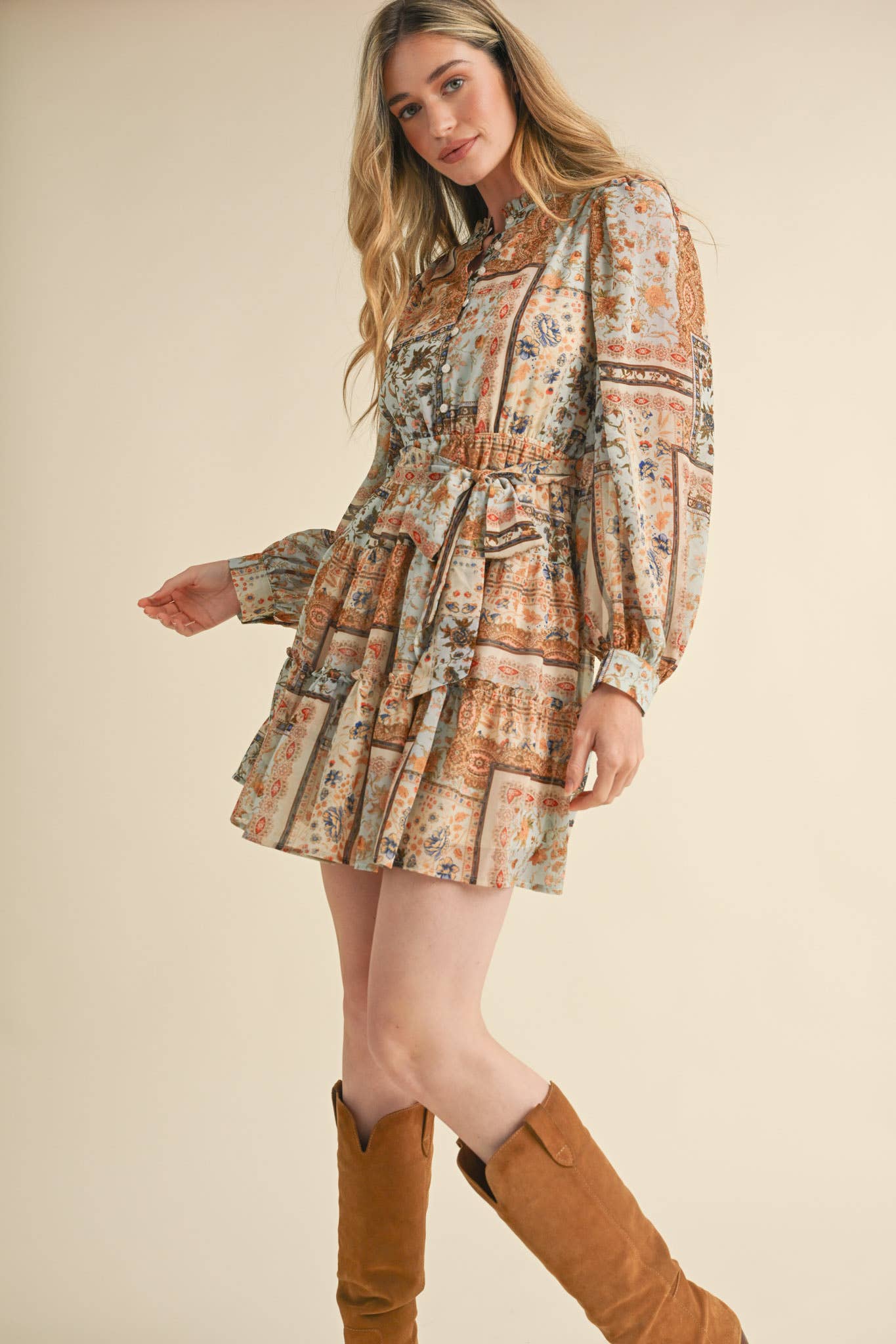 Dusty Blue Patch Print Dress