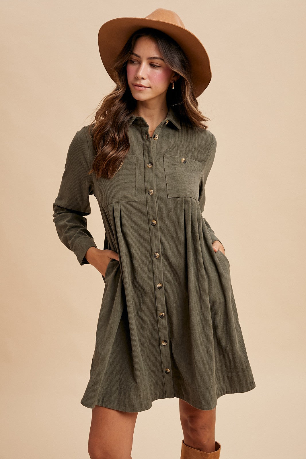 Corduroy Pintuck Mini Shirt Dress