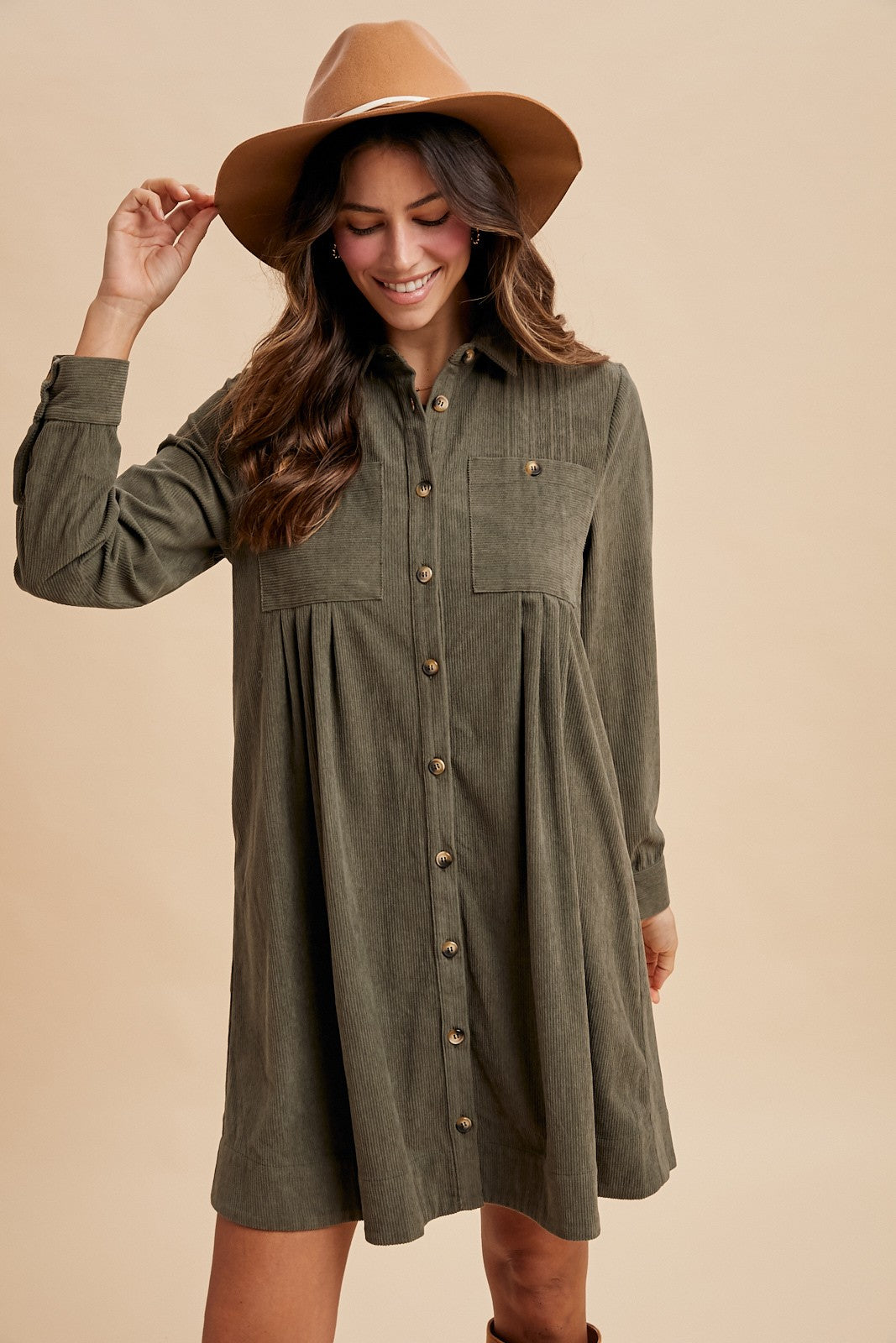 Corduroy Pintuck Mini Shirt Dress