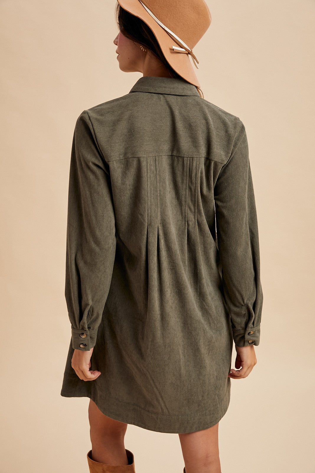 Corduroy Pintuck Mini Shirt Dress