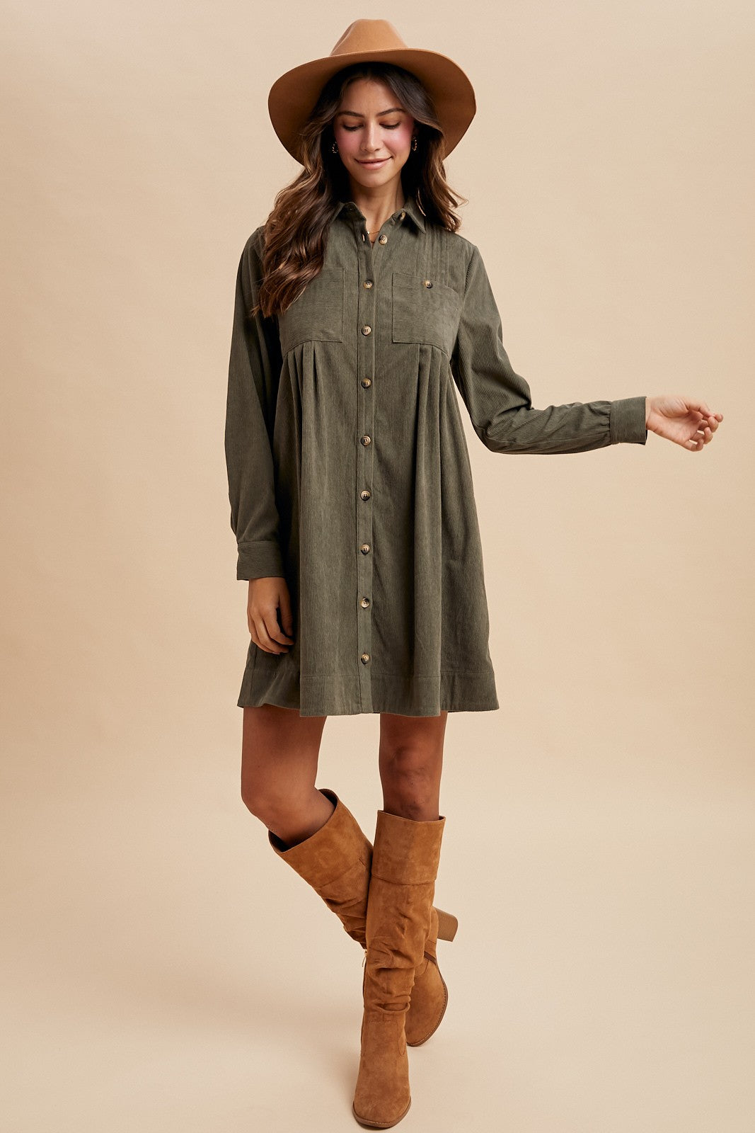 Corduroy Pintuck Mini Shirt Dress