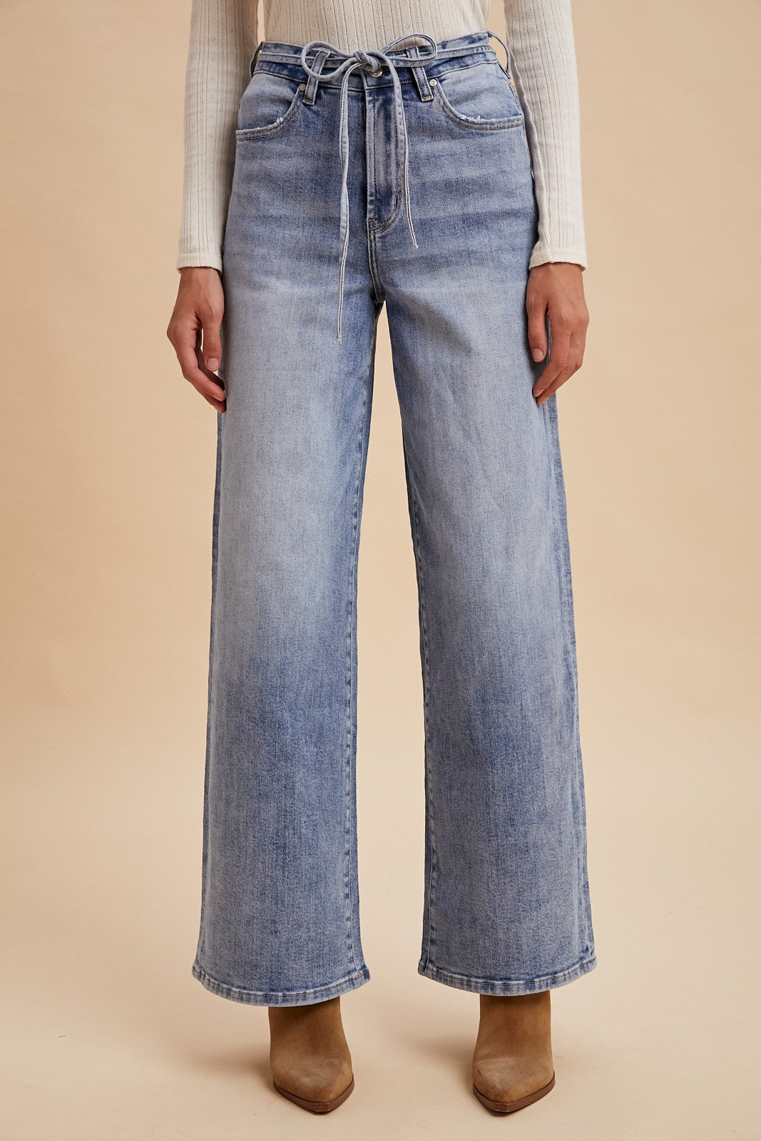 Stretch High Rise Tie Waist Wide Leg Denim Pants