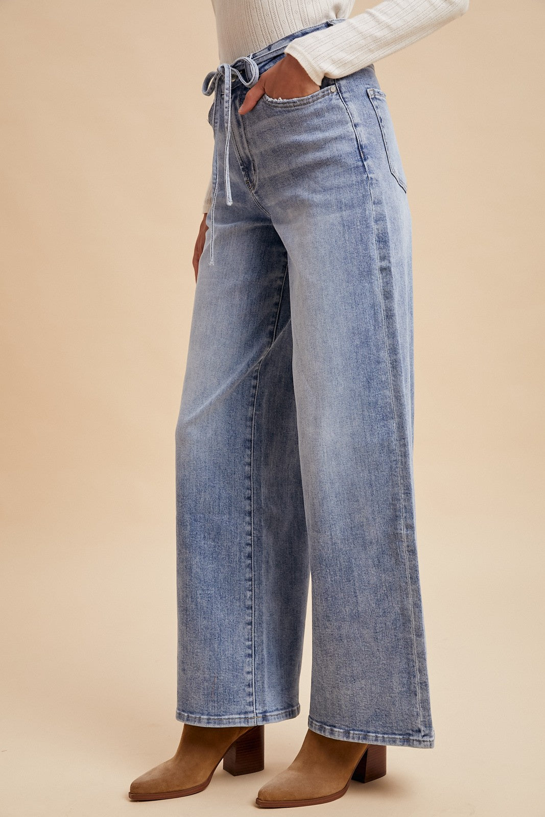 Stretch High Rise Tie Waist Wide Leg Denim Pants
