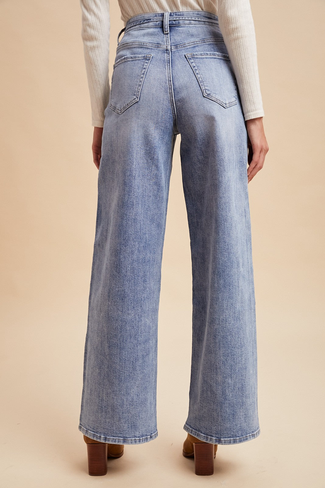 Stretch High Rise Tie Waist Wide Leg Denim Pants